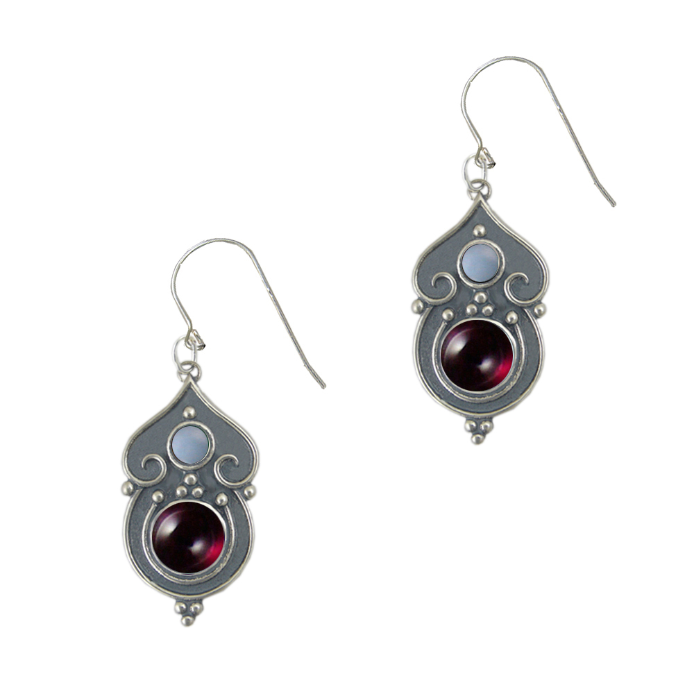 Sterling Silver Gothic Inspired Drop Dangle Earrings With Garnet And Grey Moonstone